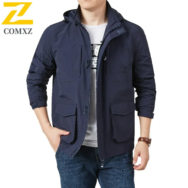 

COMXZ новая мужская куртка 2025, повседневная офисная куртка с капюшоном, легкий тонкий топ, модная верхняя одежда для пеших прогулок и путешествий, весенне-осенняя верхняя одежда