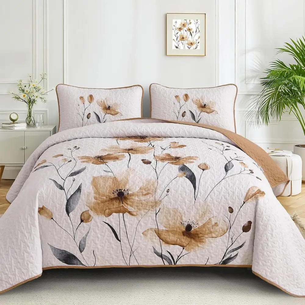 

loral Quilt Set Queen Size, 3 Pieces Brown Bedspread Coverlet Set, Lightweight armhouse Botanical Bedding Set or all Winter All