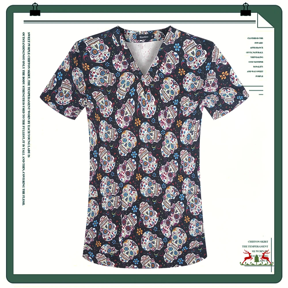 

Flamingo Printing Nurse Scrubs Tops Short Sleeve Working Uniform Pocket Blouse Nursing Medical Shirt Accessories