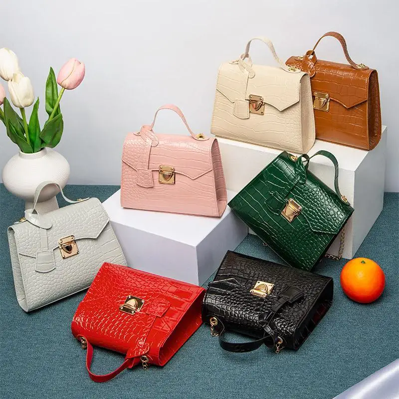 Crocodile Embossed PU Leather Handbag Metal Lock Closure Lightweight Elegant Tote for Women Wedding Guest Occasions