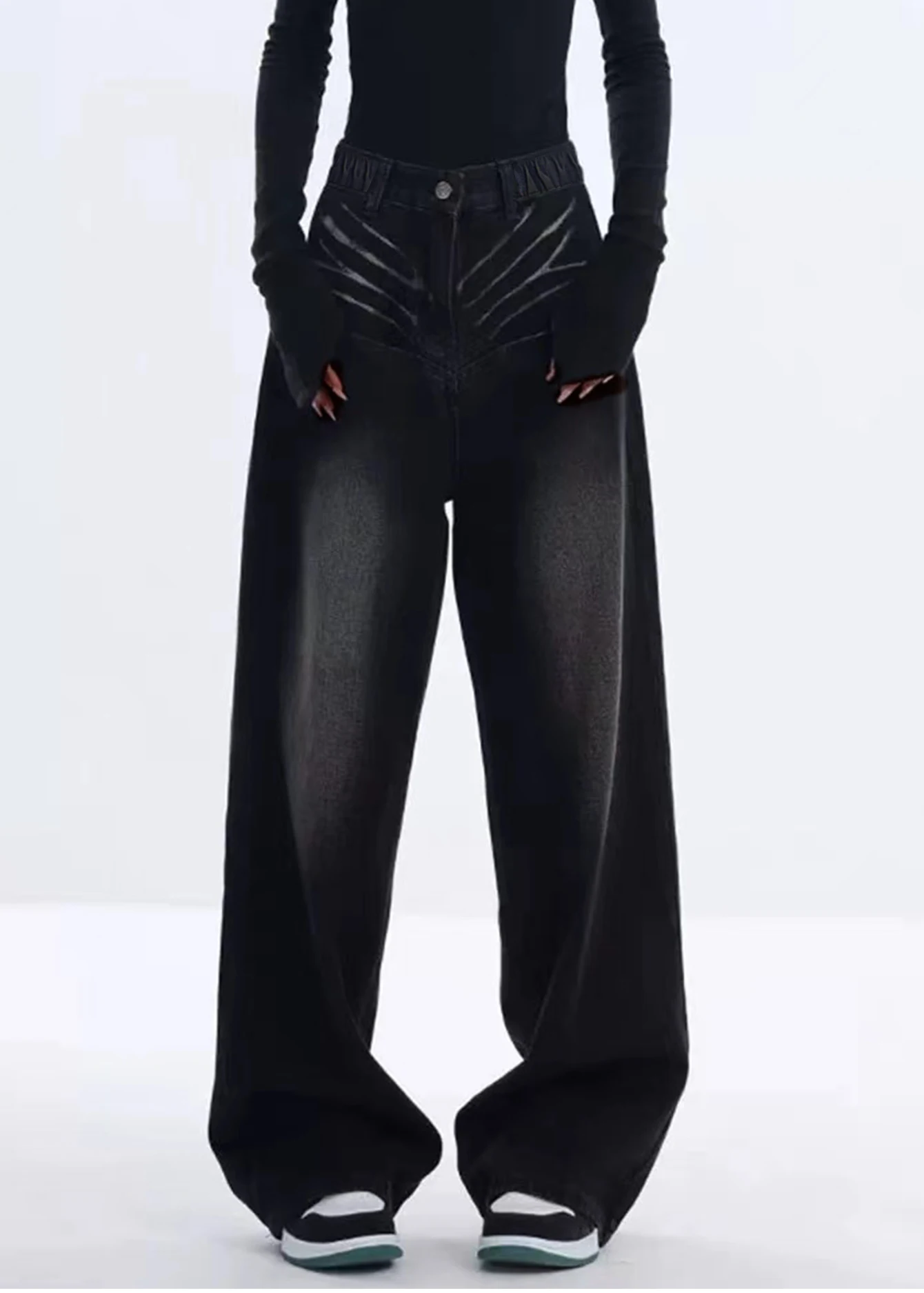

Washed Black Wide Leg Straight Jeans for Teens And Tweens Loose Casual Long Basic Trousers Simple Design Teenage Girl's Jeans