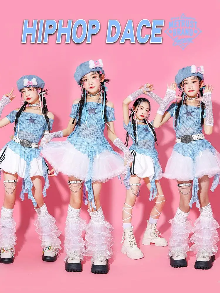 Blue Jazz Dance Performance Outfit for Girls Children's Street Dance Show Costume Trendy Kids' Fashion Set Cotton Material