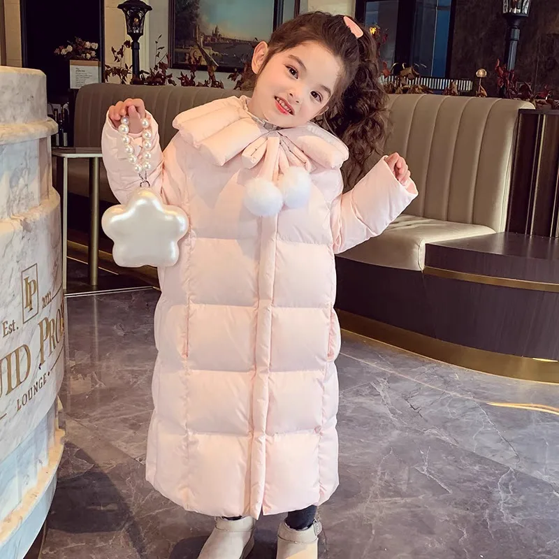 

2025 New Kids' Down Puffer Coat for Girls Thickened Winter Warmth Stylish Long Coat with Hood