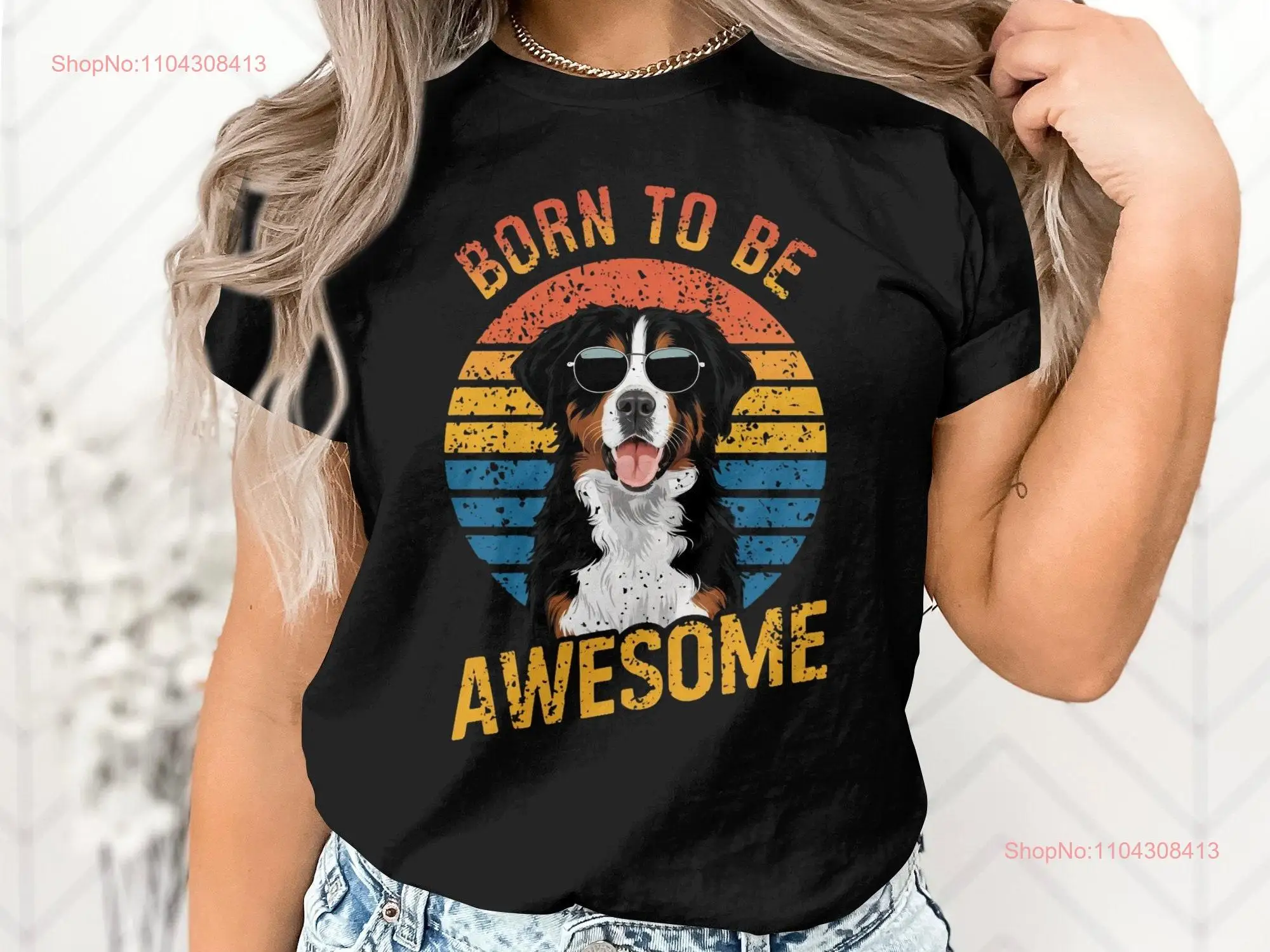 Retro Bernese Mountain Dog T Shirt Born to Be Awesome Text Vintage Sunset Stripes Swiss Lover Cool Pet Owner