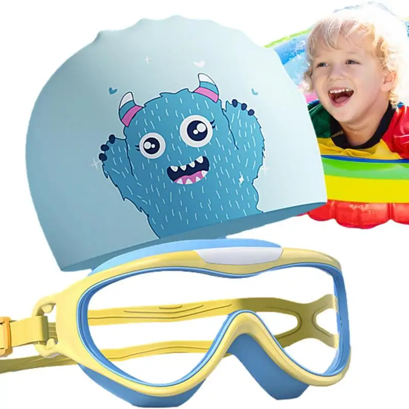 Swim Goggles Set For Kids Swim Goggles And Cute Swim Caps Waterproof Anti-Fog Clear Swim Diving Goggles Caps Set