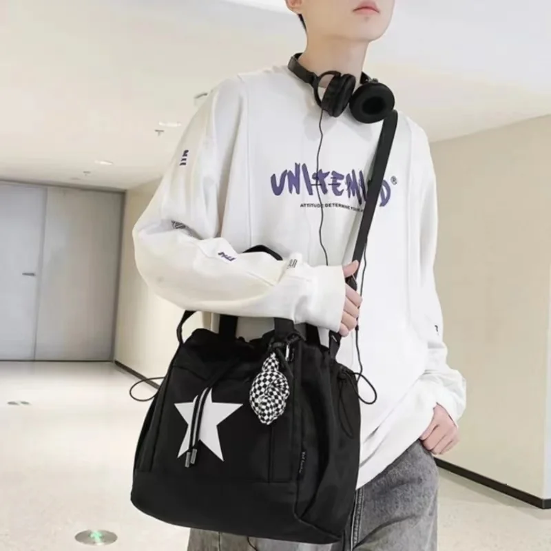 Personality Women Crossbody Bag Y2K Style Large Capacity Couple Shoulder Bag New Casual Nylon Tote Bag Luxury Drawstring Handbag