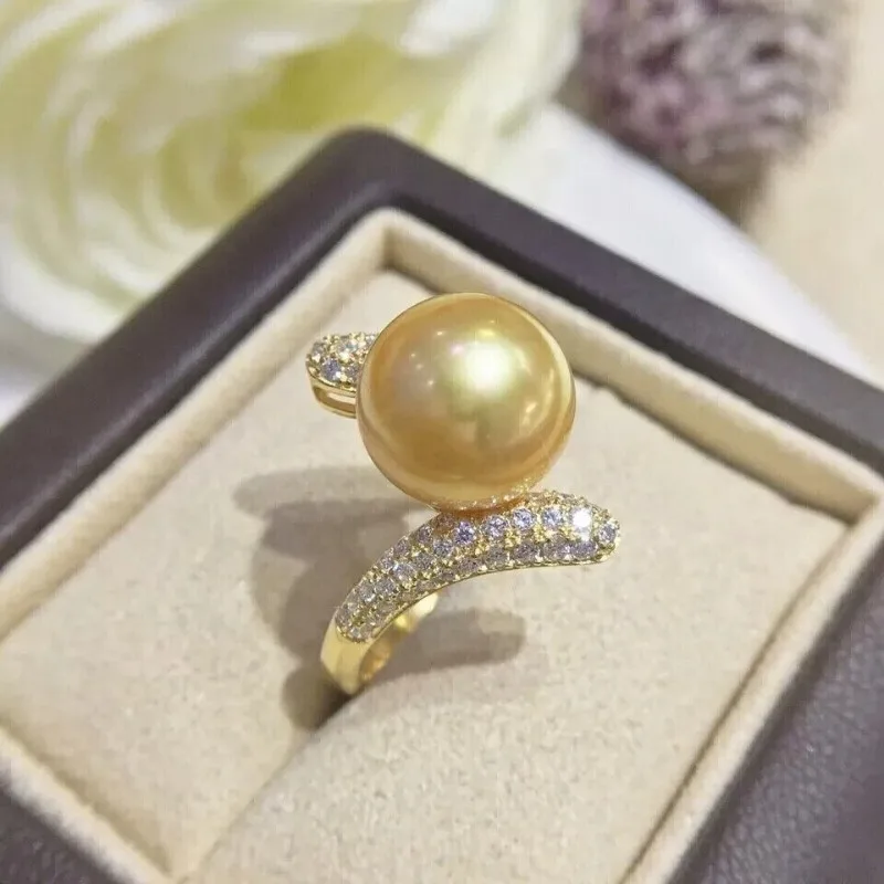 Gorgeous HUGE AAAAA 11-10mm ROUND Natural South Sea Golden Pearl Rings for Women  925 Silver