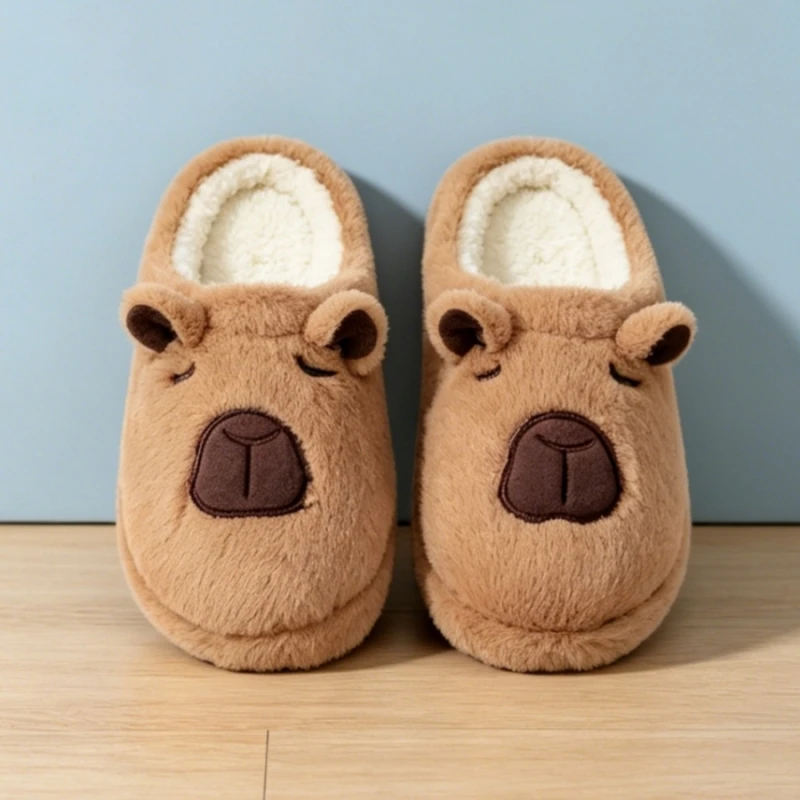 Women's Winter Warm Cotton Slippers Cute Cartoon Capybara Pattern Plush Lined Non Slip Indoor  Warmth Couple House Shoes