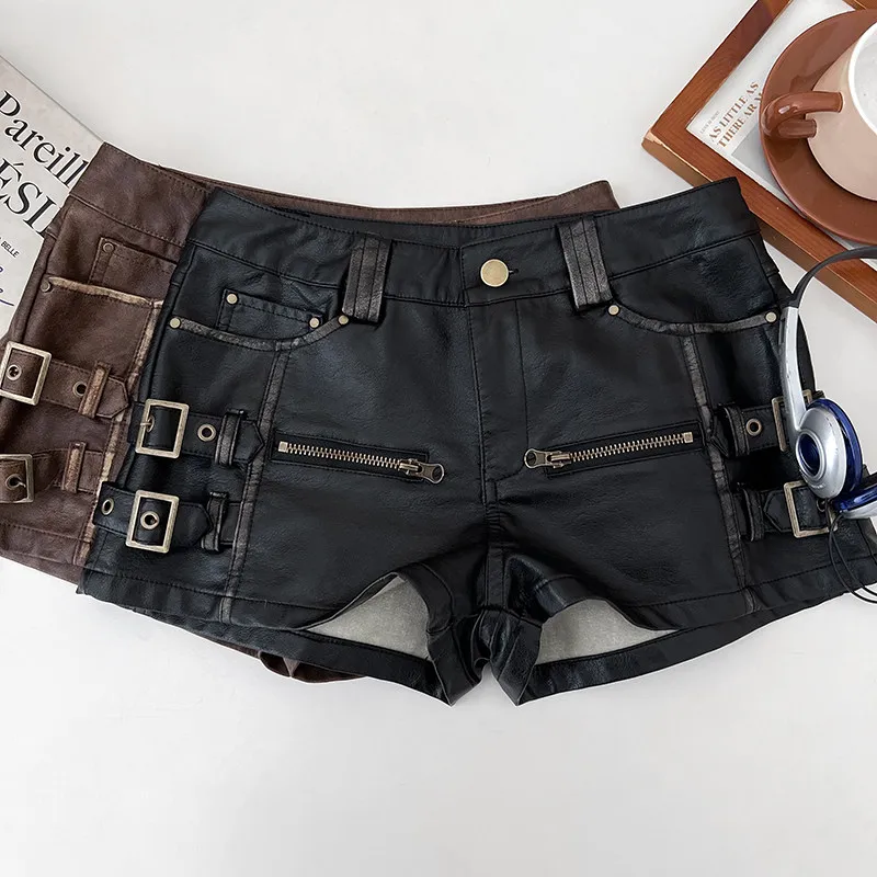 Retro American Style PU Leather High Waisted Workwear Shorts Fashionable Personalized Slim Fit Casual Women's Shorts 2026 New