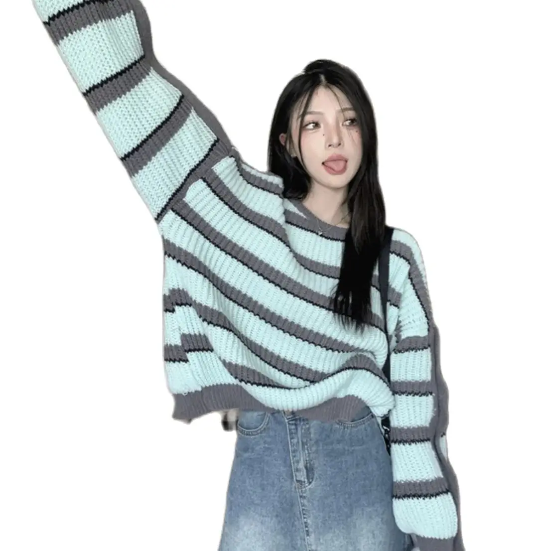 Striped Strappy Sweater Women 2024 Autumn Round Neck Lazy Style Sweater Design Two-Wear Pullover Top Korean Version