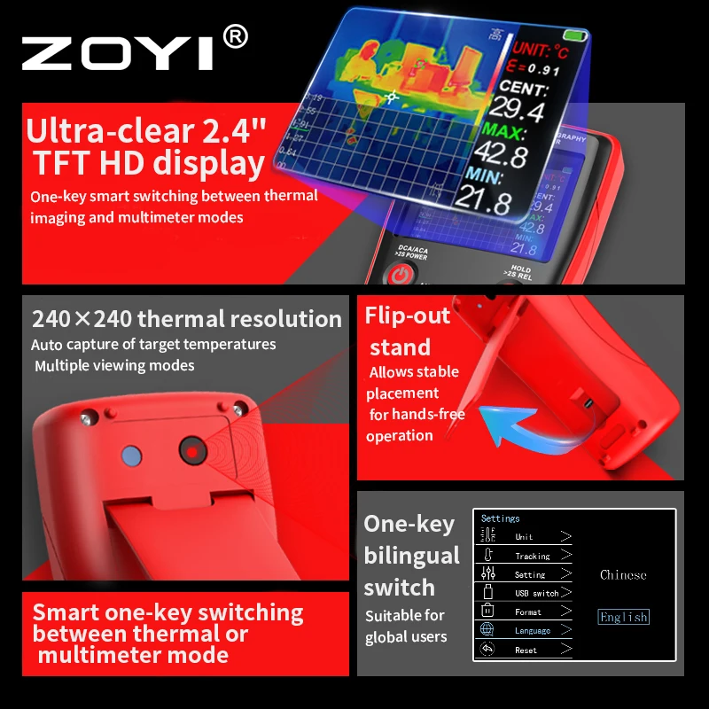 

ZOYI thermal imaging handheld thermometer -20~550℃; professional PC analysis software; leak detection tool for underfloor heati