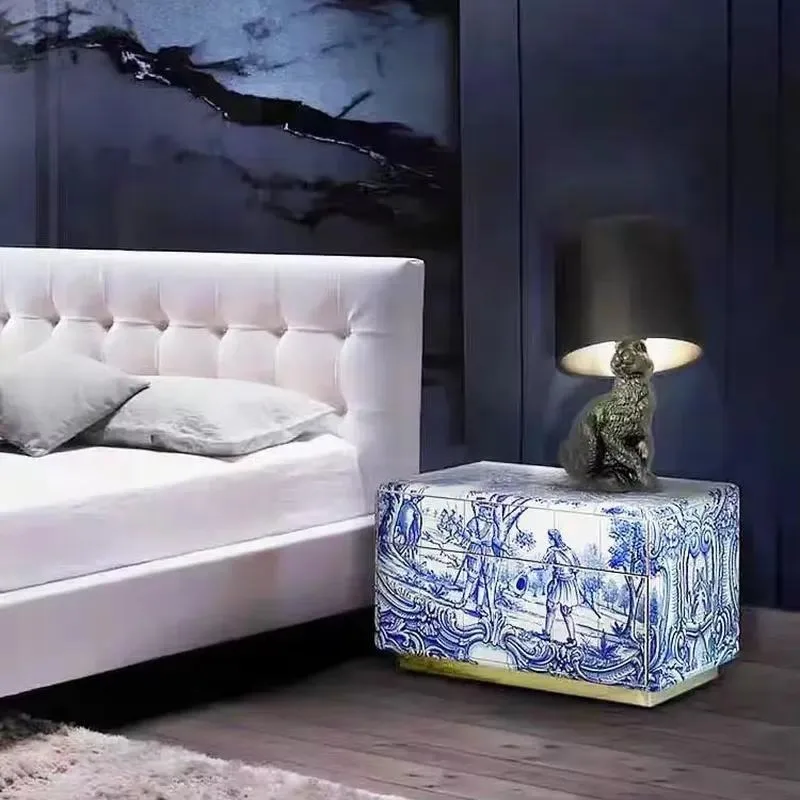 luxury Portuguese style personalized painted solid wood bedside table, suitable for master bedroom, high-end modern