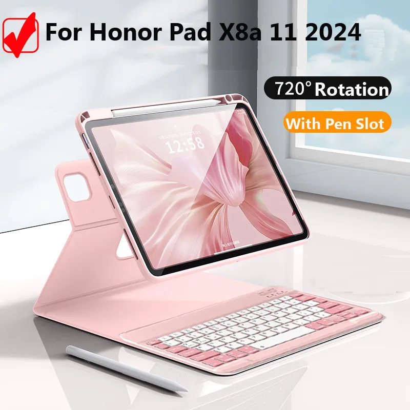 Casing for Honor Pad X8a 11 Inch 2024 X8a 11 X9 11inch 2024 360° Rotation Stand Cover Ultra Thin Keyboard Case with Pencil Slot