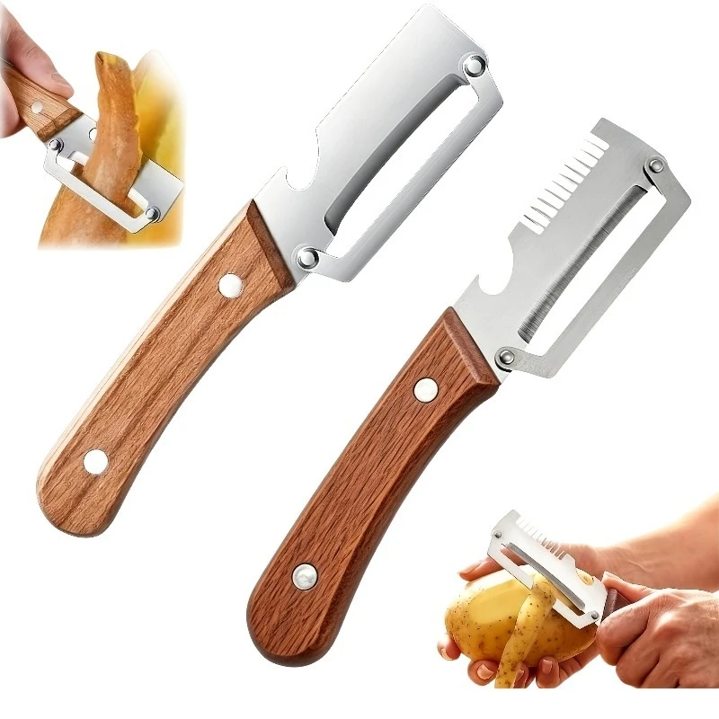 Two-Piece Heavy-Duty Stainless Steel Peeler and Slicer, Equipped with a Bottle Opener and Straight Blade Design. Suitable for Su
