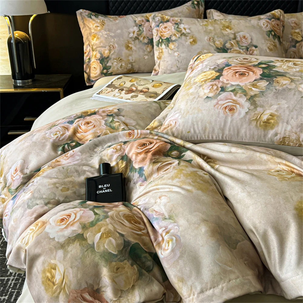 Flower Printed Bedding Set Soft Luxury Bedroom Decor Duvet Cover Set Comforter Pillowcase Bed Sheet Washed Cotton Four Piece Set