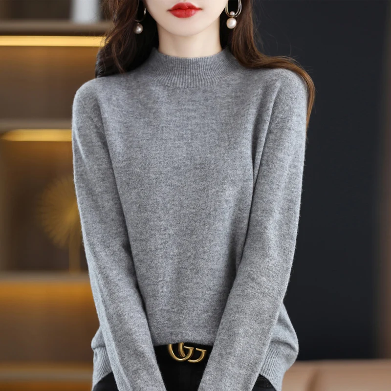 

100% Pure Woolen Sweater Women's Autumn And Winter Fashion New Line Of Ready-To-Wear Semi-Turtleneck Style Knitted Bottom JJ201