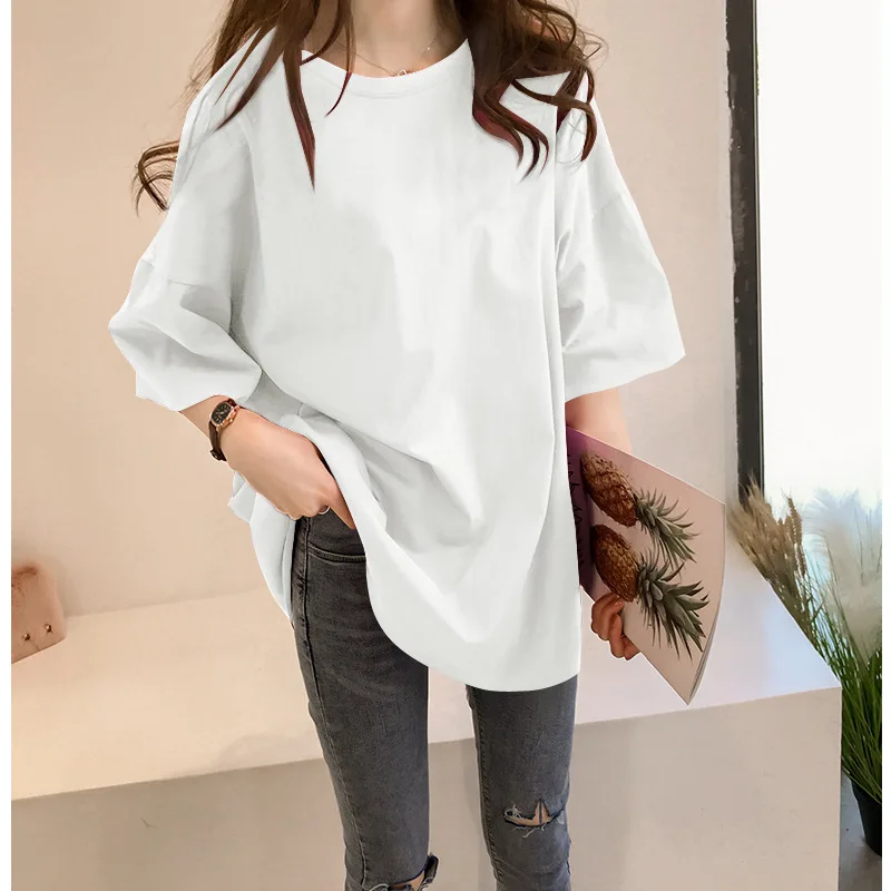 Solid Color T-shirt Women Short Sleeved Loose Medium Length Half Sleeved Upper Garment for Summer