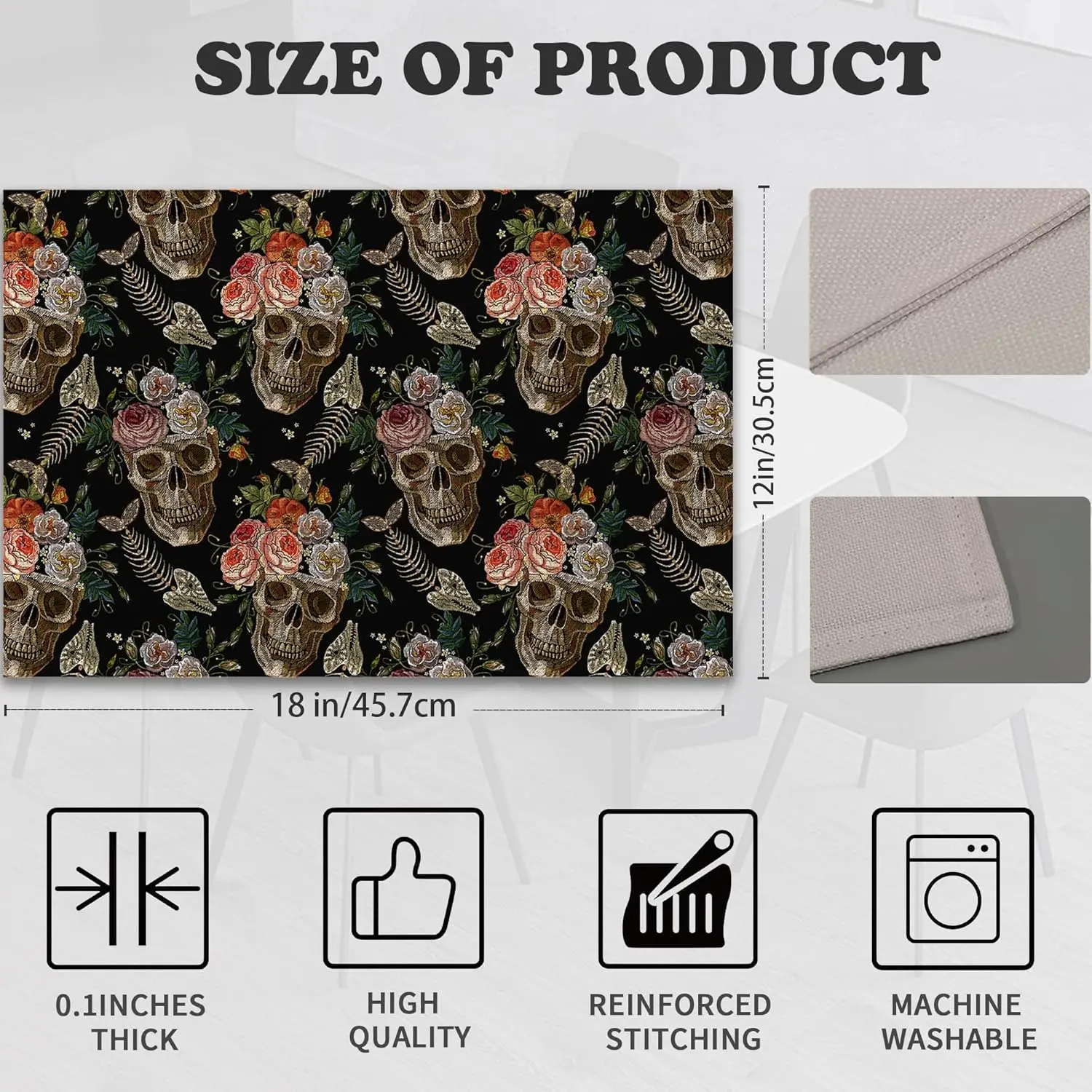 Halloween Sugar Skulls Placemats Set Of 6 Linen Heat Resistant,Vintage Roses Table Mats Washable Rustic Place Mats Decoration