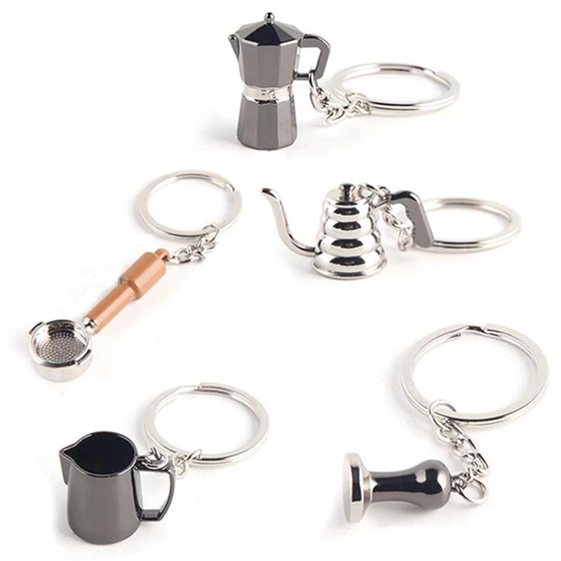 

5PCS Creative Barista Coffee Tamper Keychain Espresso Portafilter Moka Pitcher Keyring Portable Coffee Accessories Gift