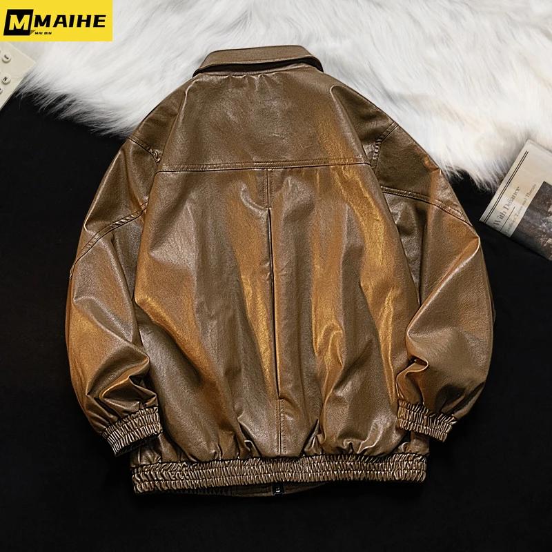 2023 Retro literary PU leather jacket for men and women fall new brand clothing American trend motorcycle bike brown fur coat