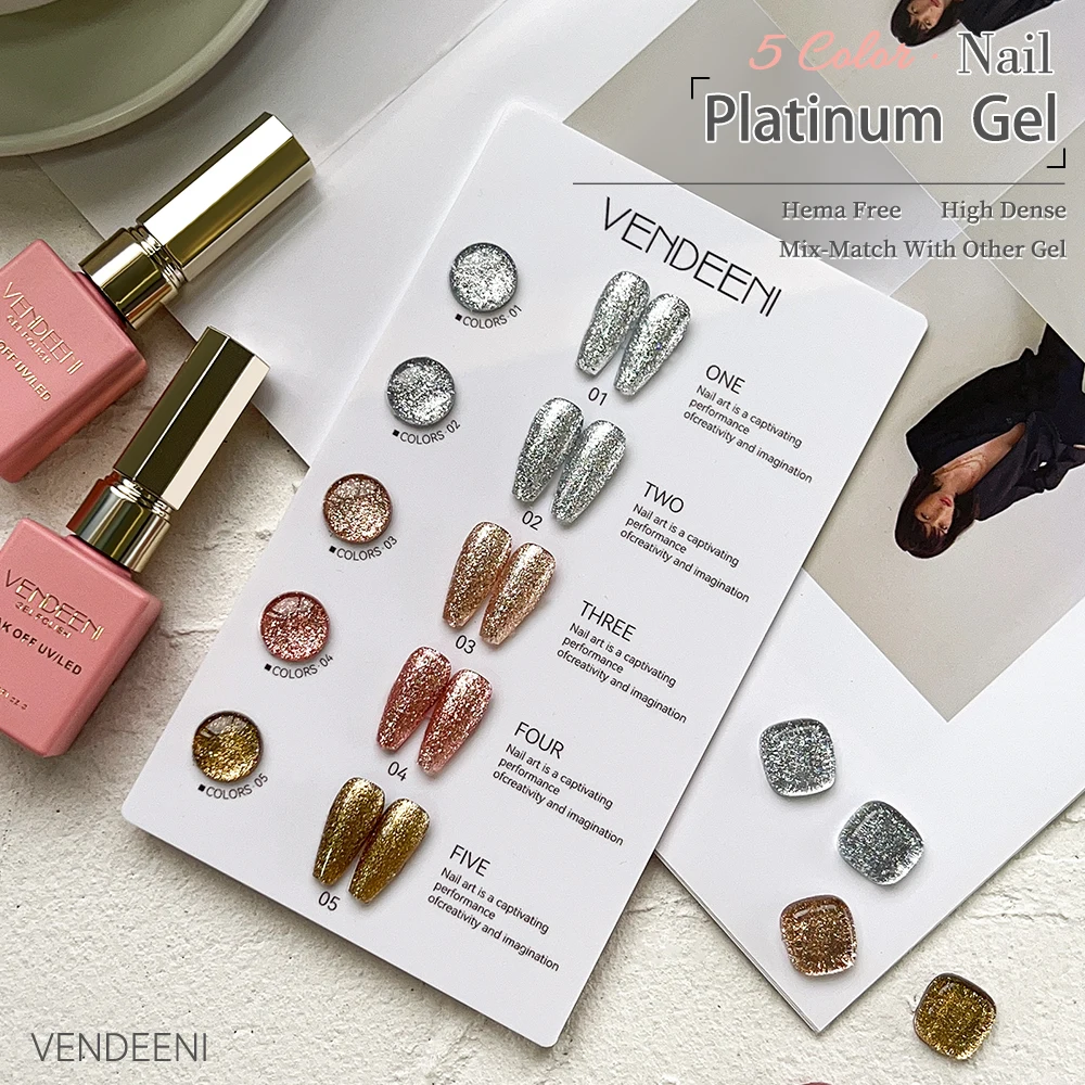 

Vendeeni 5 Colors/Set Glitter Platinum Gel Nail Polish Champagne Rose Gold Silver Flash UV LED Soak Off Gel Varnish With Display