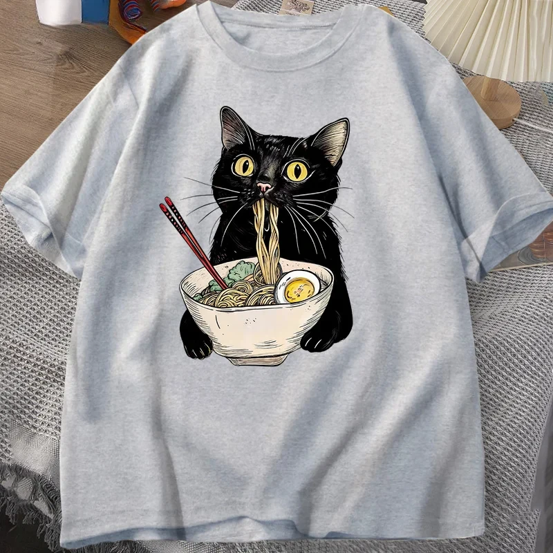 Retro Noodle Ramen Cat T-Shirt Foodie Lover T Shirts Black Cat Noodle T-Shirts Casual Short Sleeve Tshirt for Men Women Clothes