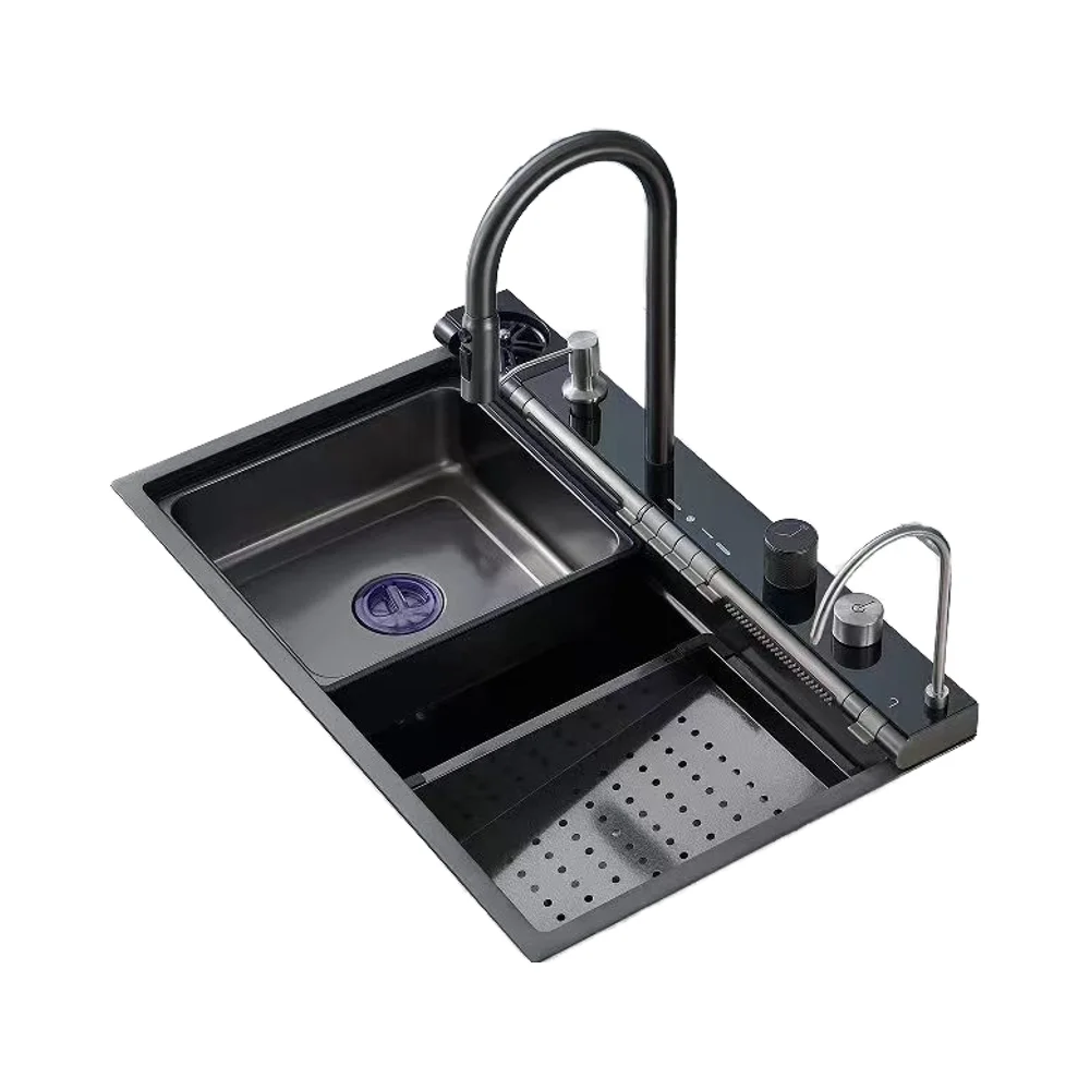 

Luxury Smart Kitchen Sinks Stainless Steel Multifunction Sink Waterfall Single Bowl Undermount Digital Kitchen Sink Set