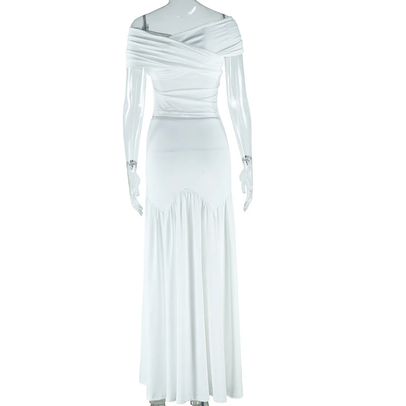 OMSJ Sexy Off Shoulder Cross Casual Tops And Pleated Midi Skirt Female Pure White Slim Elegant Matching Outfits Party Streetwear image 6