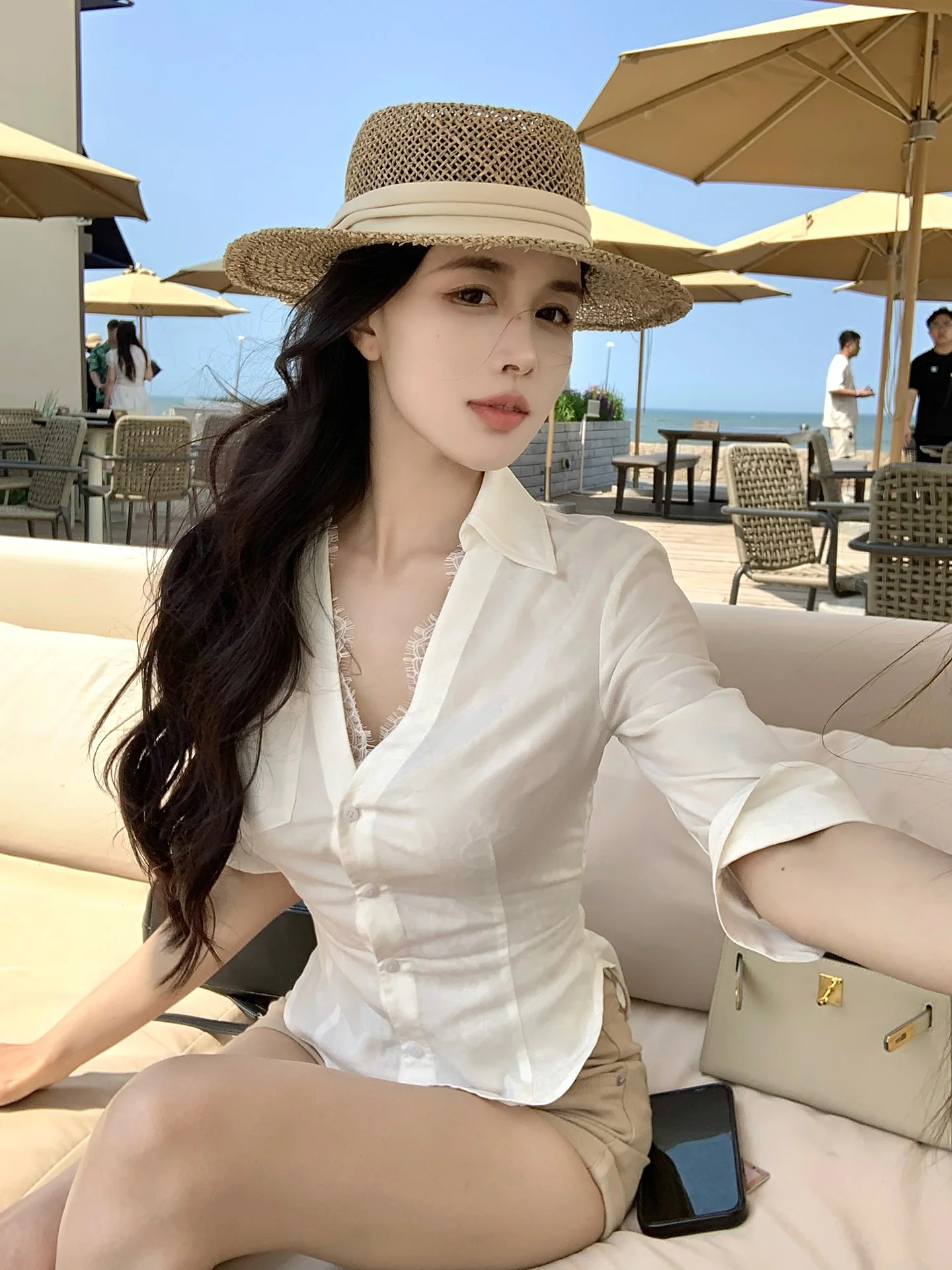 

He Chenxi Workplace Sexy Girl Laisel Lace Patchwork Mid-Sve irt Bla White Fake Two-Piece Waist-Cinching Top