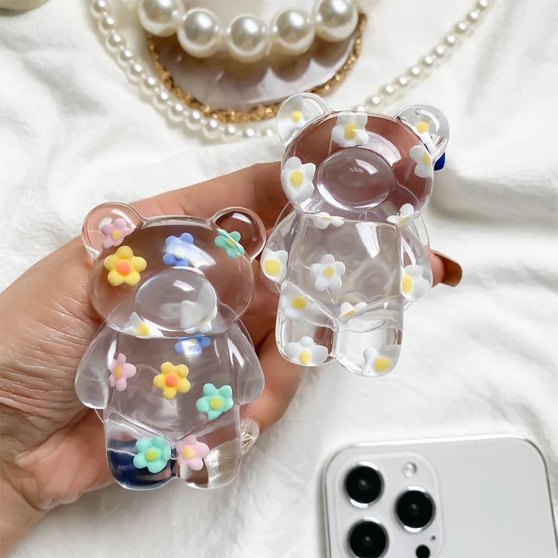 Floral Bear Doll Clear Universal Phone Holder Griptok Support For iPhone 13 Smartphone Grip Tok Folding Finger Stand Socket