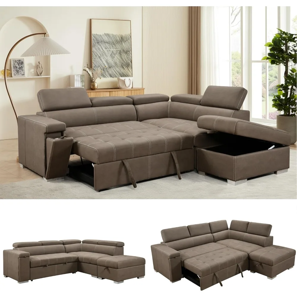 

100" Microfiber L Shaped Sleeper Sectional Sofa Couch with Pullout Bed and Storage Ottoman. Convertible Couches