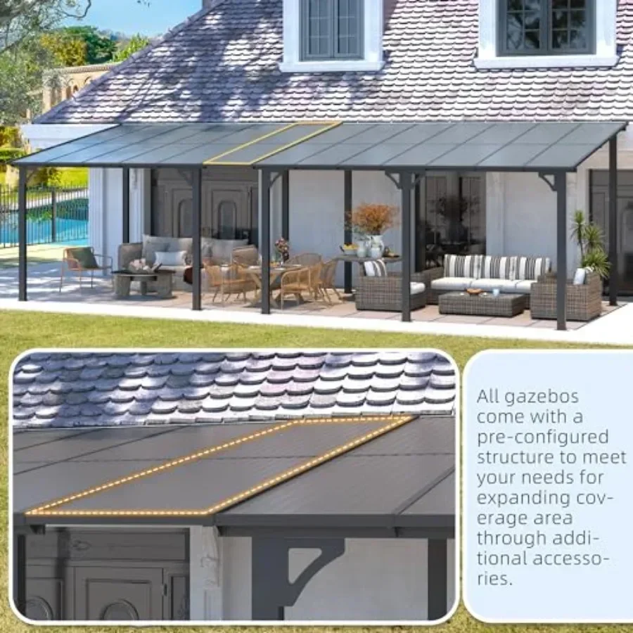 8' x 8' Patio Gazebo with Hard Top Heavy Duty Awnings for Decks Backyard and More in Brown 64 Sq.Ft Shaded Small Wall-Mounted L view 5