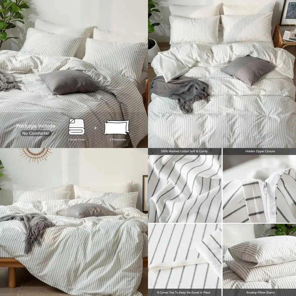 

Комплект пододеяльников в полоску из 100% хлопка и льна — дышащий, мягкий и прочный (белый и темно-серый, большой размер King, 128x120)