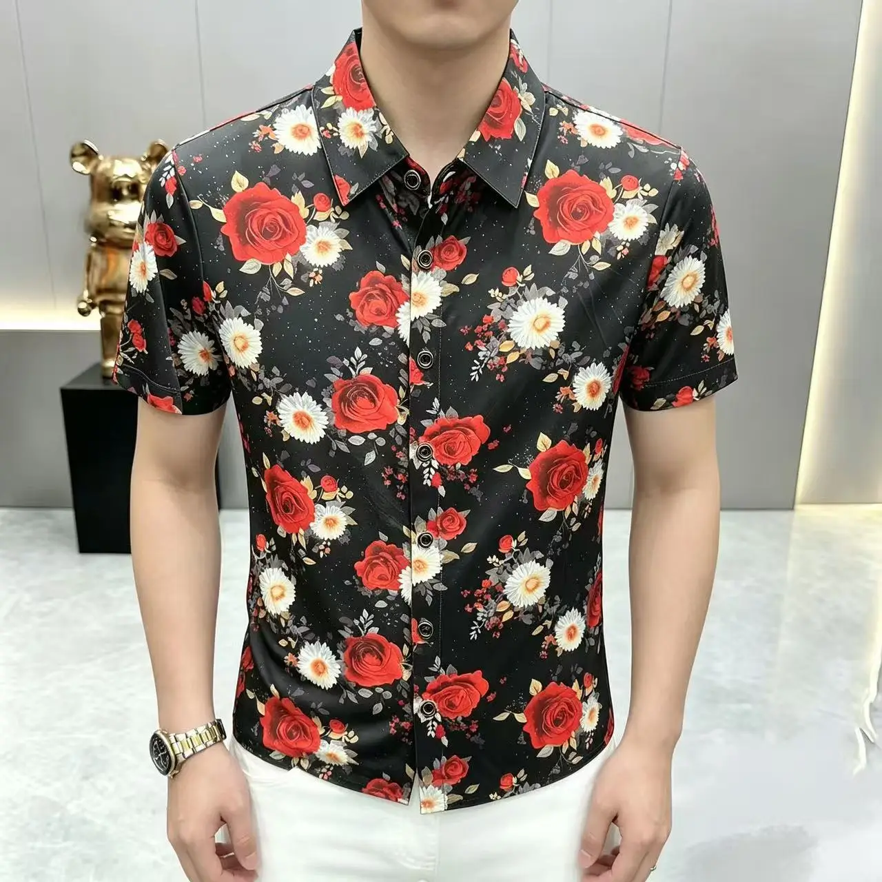 Colorful 3D Floral Print Shirts For Men Short Sleeve Anti-Wrinkle Summer Quality Silky Comfortable Slim Trendy Camisas De Hombre