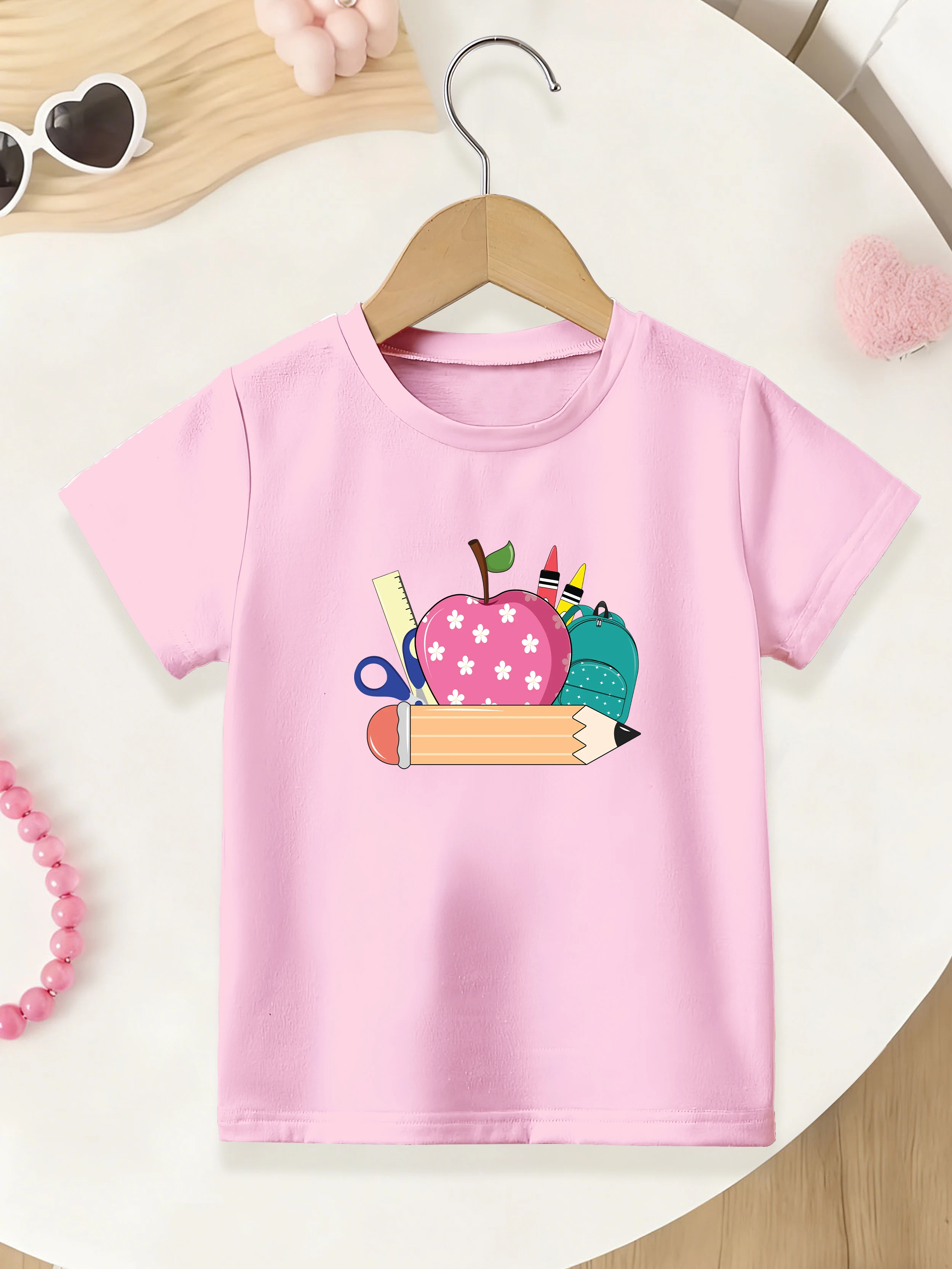 1 pieces: Back-to-School Season Girls Summer Short Sleeve T-shirt Cartoon Pencil Schoolbag Scissors Print
