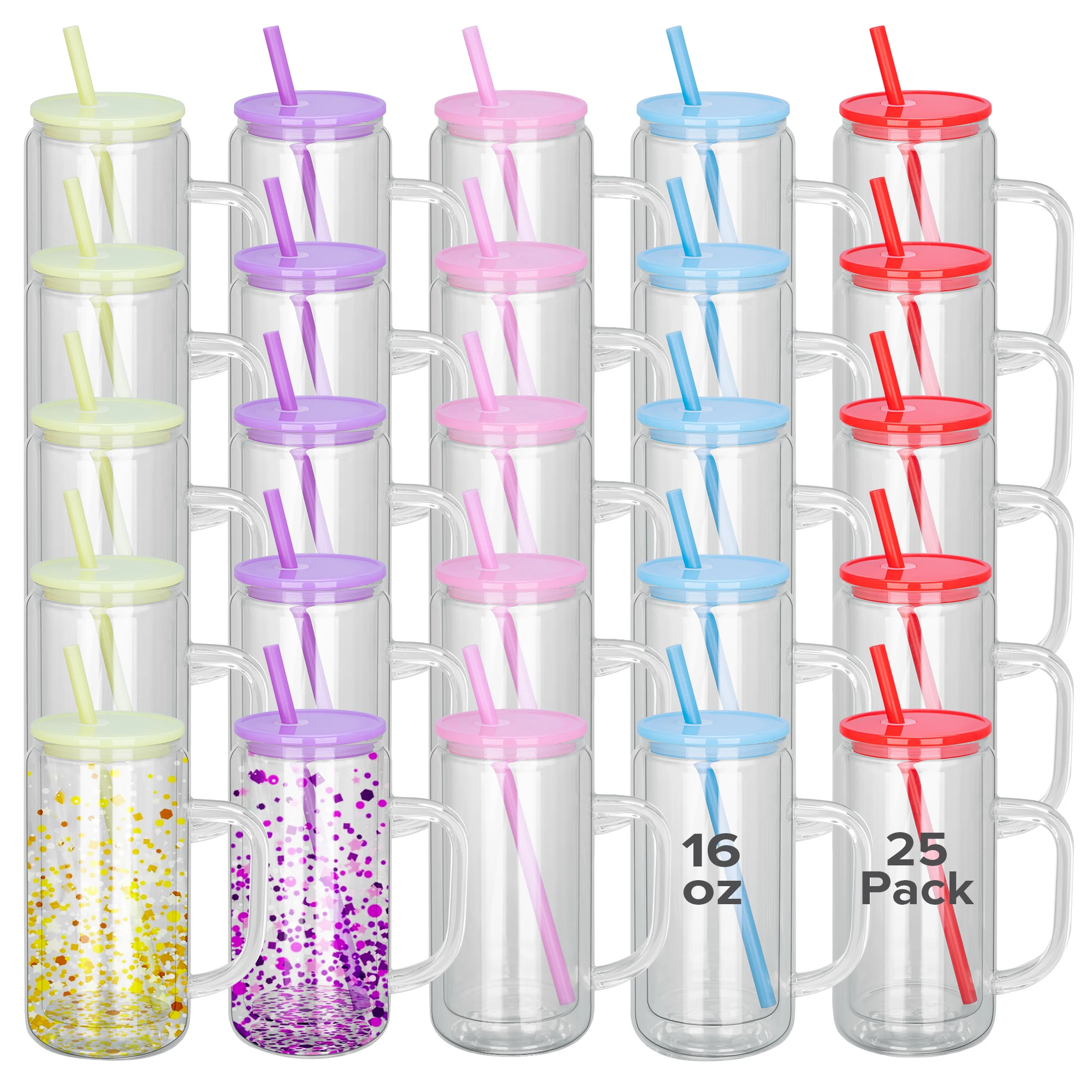 16 Oz Snow Globe Glass Cup With Handle, 25 Pack Pre-Drilled Double Wall Glass Coffee Mug For Snowglobe Diy Glitter, Colorful Lid