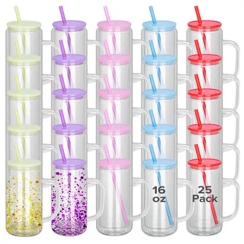 16 Oz Snow Globe Glass Cup With Handle, 25 Pack Pre-Drilled Double Wall Glass Coffee Mug For Snowglobe Diy Glitter, Colorful Lid