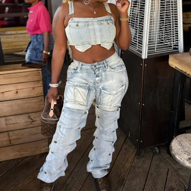 

Benuynffy Y2k Multi-pocket Washed Cargo Denim Pants Women's Fashion Button Decoration High Waist Stretch Jeans Streetwear