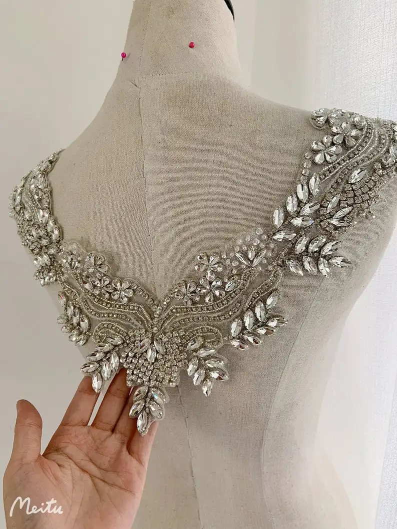 

rhinestone bridal V neckline applique for bridal dress, costume dress, rhinestone bead applique collar bodice