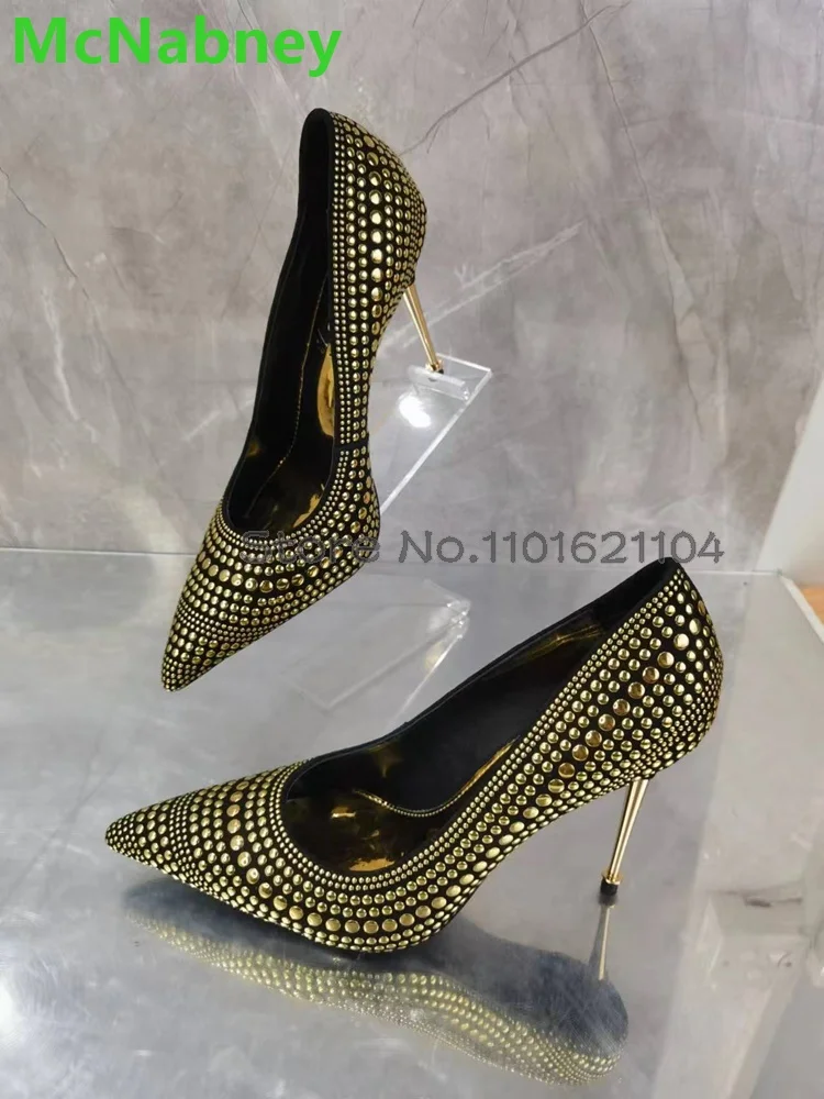 Metal Thin High Heel Luxury Pumps For Female Women 2024 New Pointed Toe Gold Rivet Slip-on Fashion Shallow Elegant Sexy Footwear