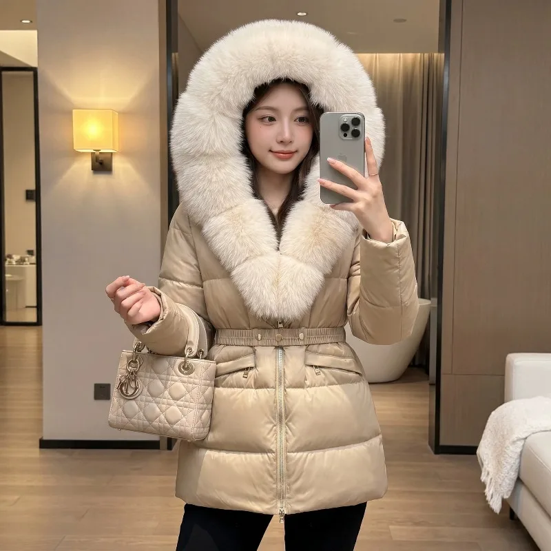 

2026 Fashion Big Fox Fur Collar Winter Coat Women's Parkas Cotton-padded Jacket Thicken Warm Hooded Coats Sashes Slim Outerwear