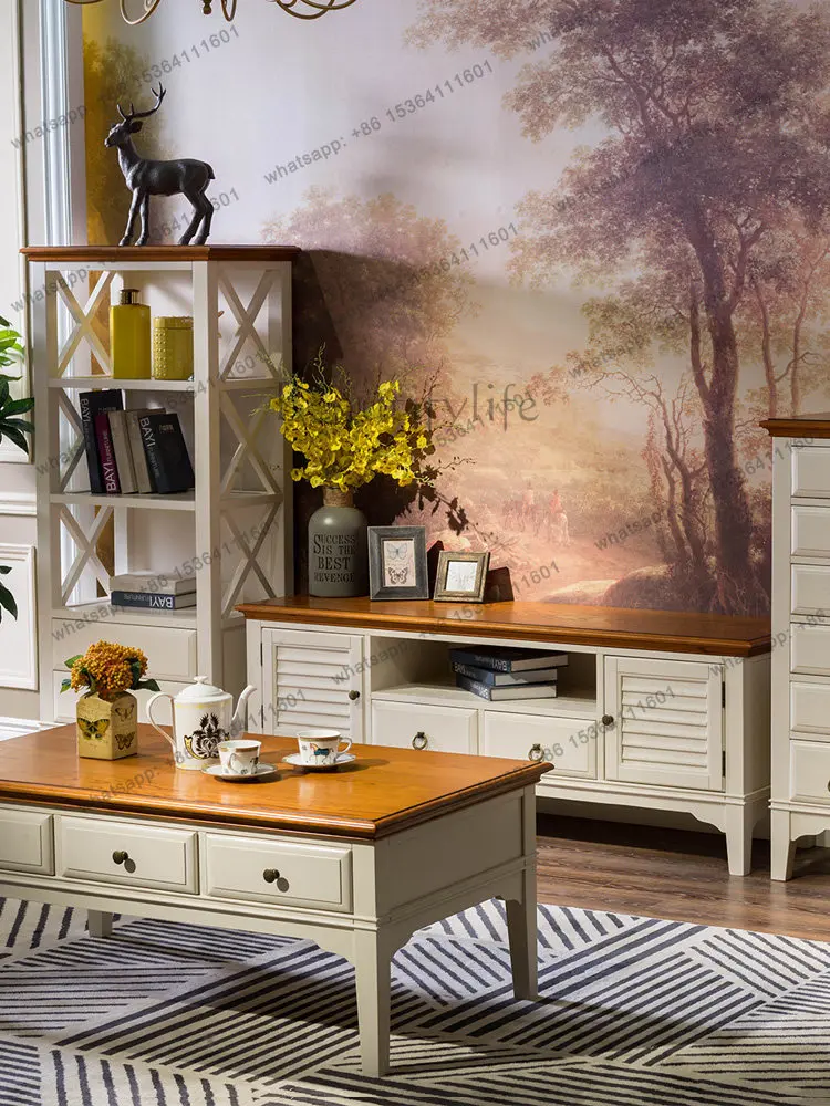 Mediterranean solid wood TV cabinet American light luxury pastoral style furniture floor