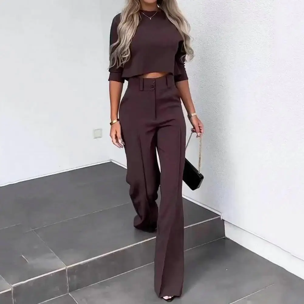 2 Pcs/Set Women Top Pants Suit Straight Wide Leg High Waist Pants Three-quarter Sleeve Crop Top Lady Commute Top Trousers Set