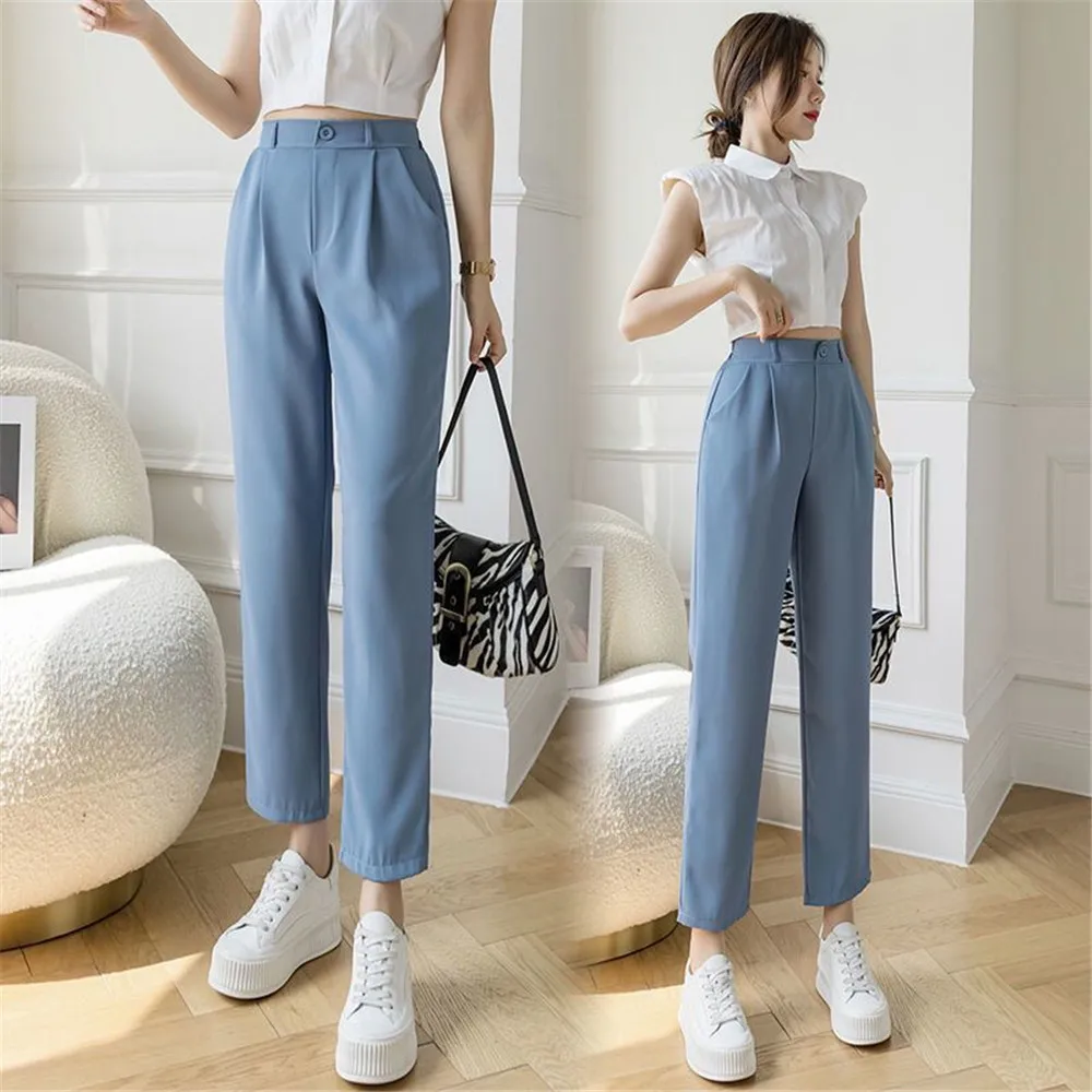 

Women New Fall Casual Loose Straight Black Elegant Trousers Fashion Elastic High Waist Ankle Pants Female Nine Points Suit Pant