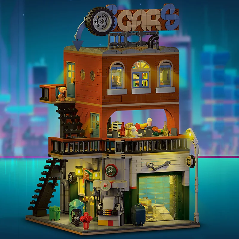 Set di blocchi da costruzione per negozio di riparazioni auto di architettura cittadina, modello MOC Modern House Street View, con luci, regali di giocattoli per bambini e adulti