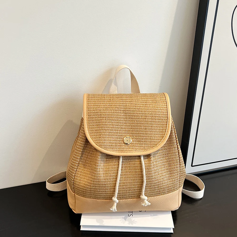 

Vintage Straw Backpack Women's Summer Beach Shoulder Bag Versatile Straw Woven PU Leather Elegant Luxury Design Travel Mochila ﻿