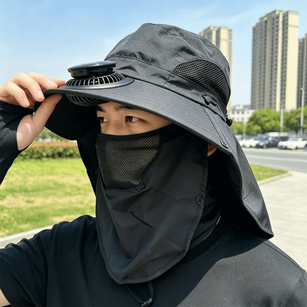 Portable Solar Rechargeable Fan Hat Adjustable with Shawl Fishing Sun Shading Cap Long-lasting with Face Cover for 3.7V/300mAh
