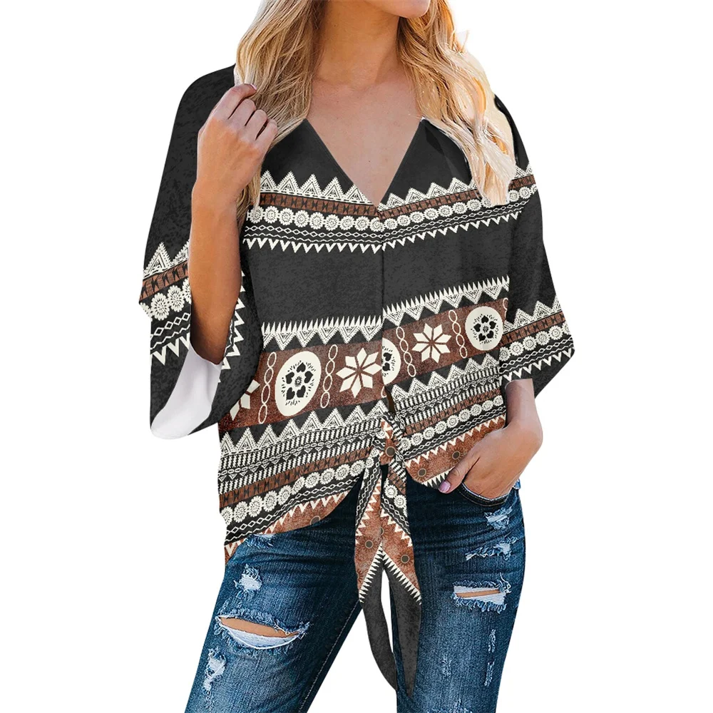 Summer  Fijian print Black Tapa Samoan Polynesian Tribal Clothing Fashion Print Blouse Tops Chiffon Blouses Shirt For Women