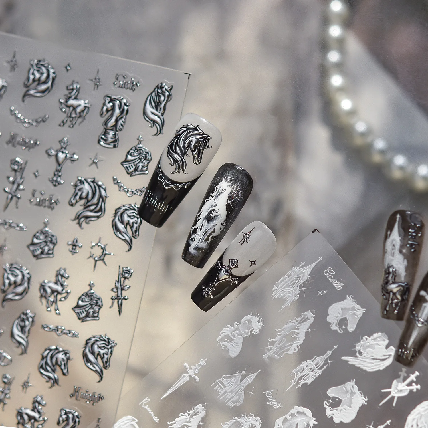 Knight Horse Sword Photo Frame High Quality Cool Girl Nail Stickers Decor Manicure Decals T-5284