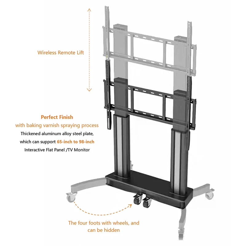 New Model 65-98 Electric Lift Mobile TV Stand Trolley Height Adjustable Mobile TV Cart Mount With Cart